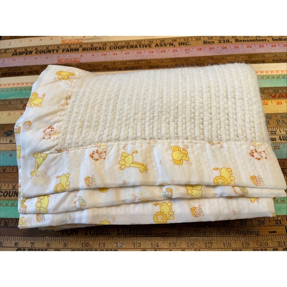 Vintage Chatham Baby Crib Blanket Nylon Trim Zoo Print 60 x 43" USA Polyester
